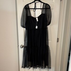 H&M Black Sheer Tiered Midi Dress with Puff Sleeves